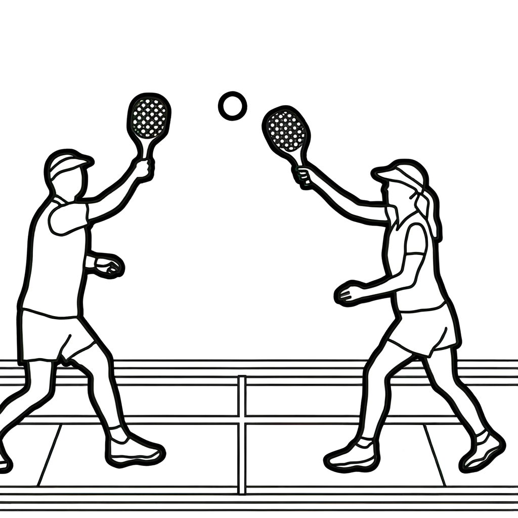 Coloring page of a pickleball doubles game scene