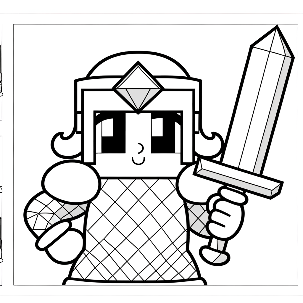 Pixel knight in diamond armor holding sword coloring page