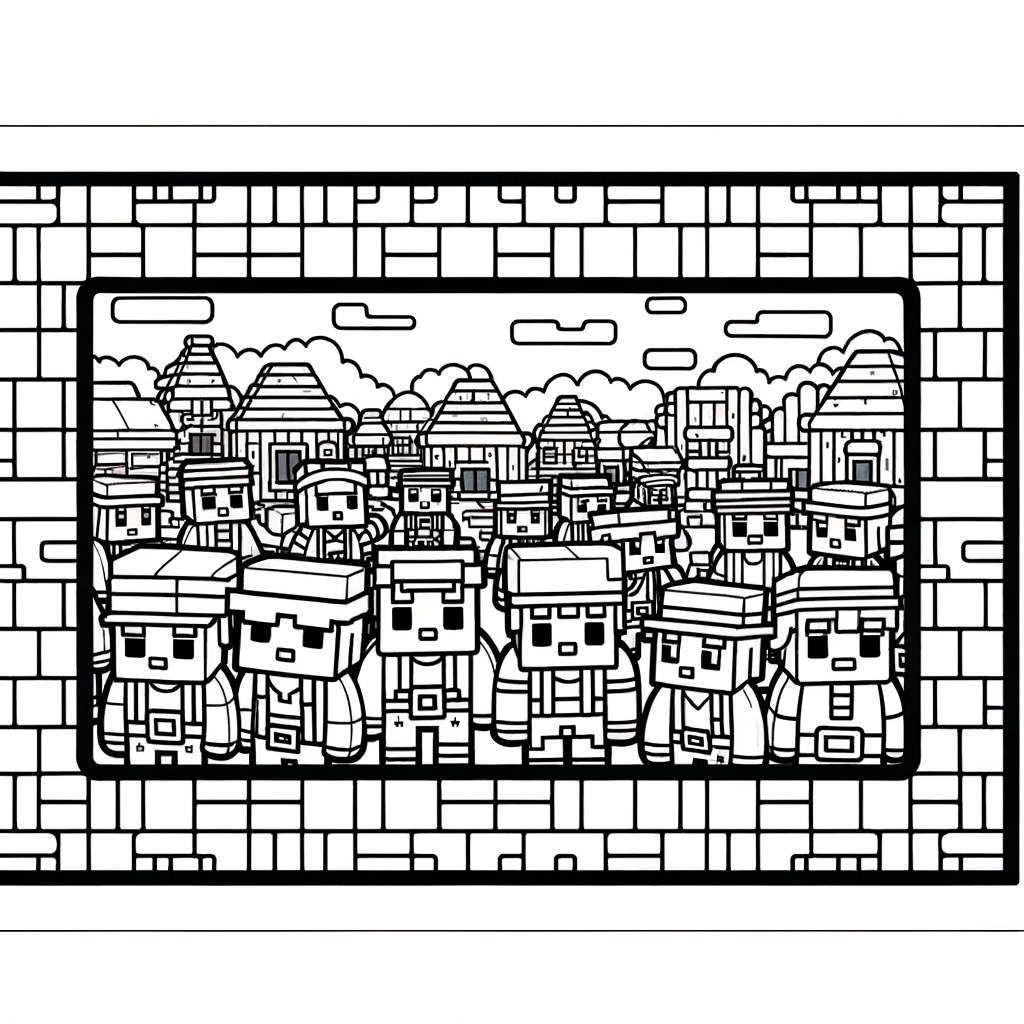 Pixel-style village coloring page with blocky villagers and houses in retro gaming art style
