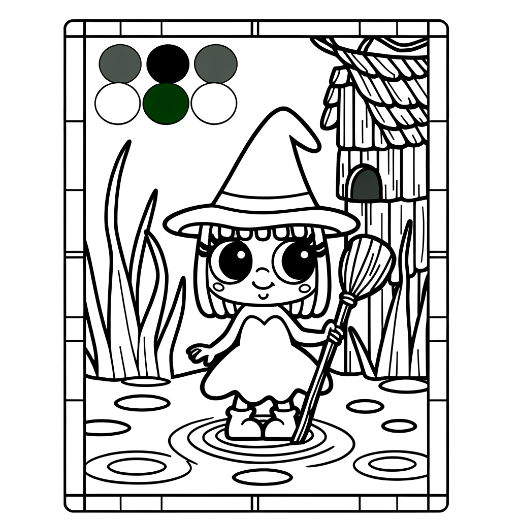 Pixel-style witch character standing in front of a swamp hut coloring page