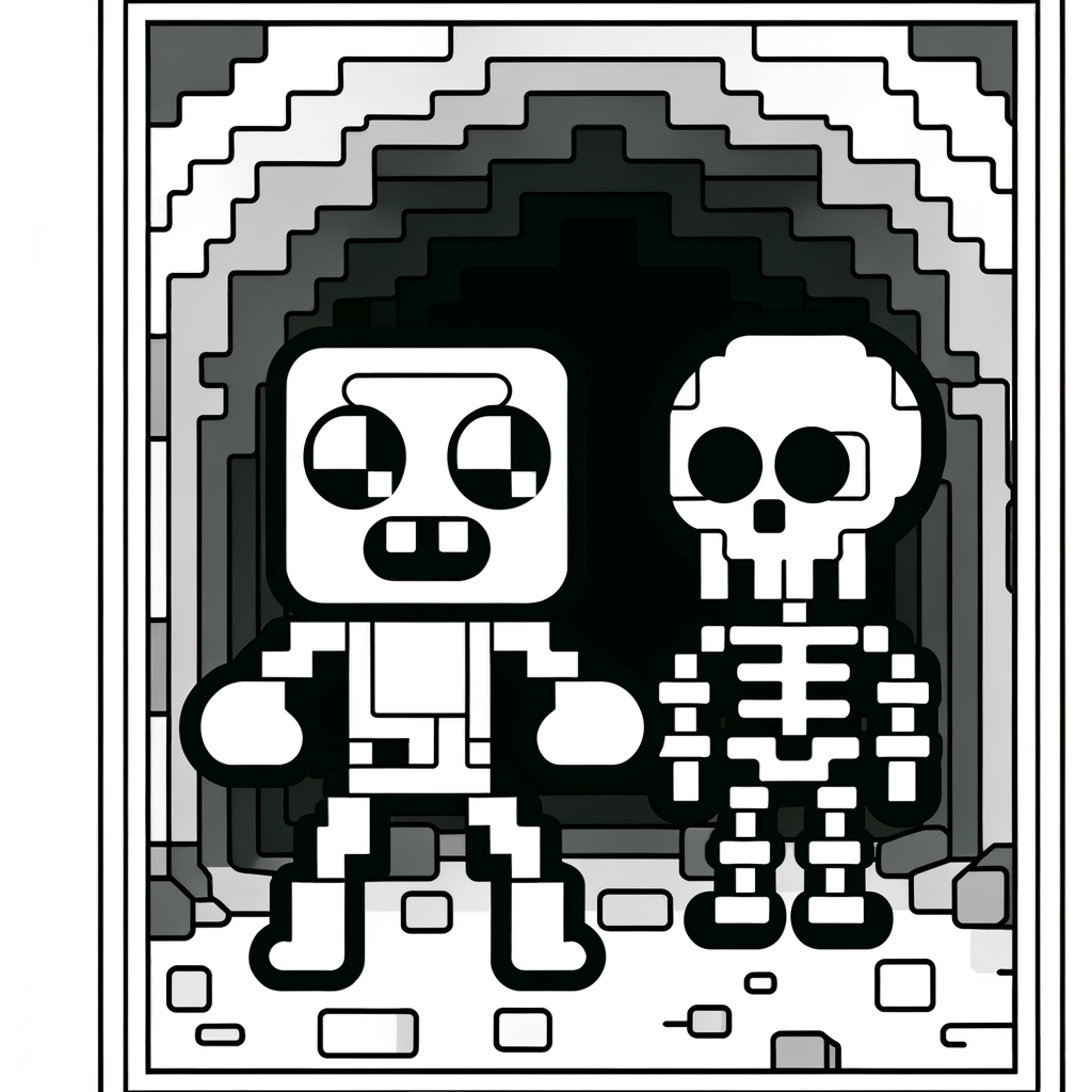 Pixel art coloring page showing zombies and skeletons in a dark cave setting