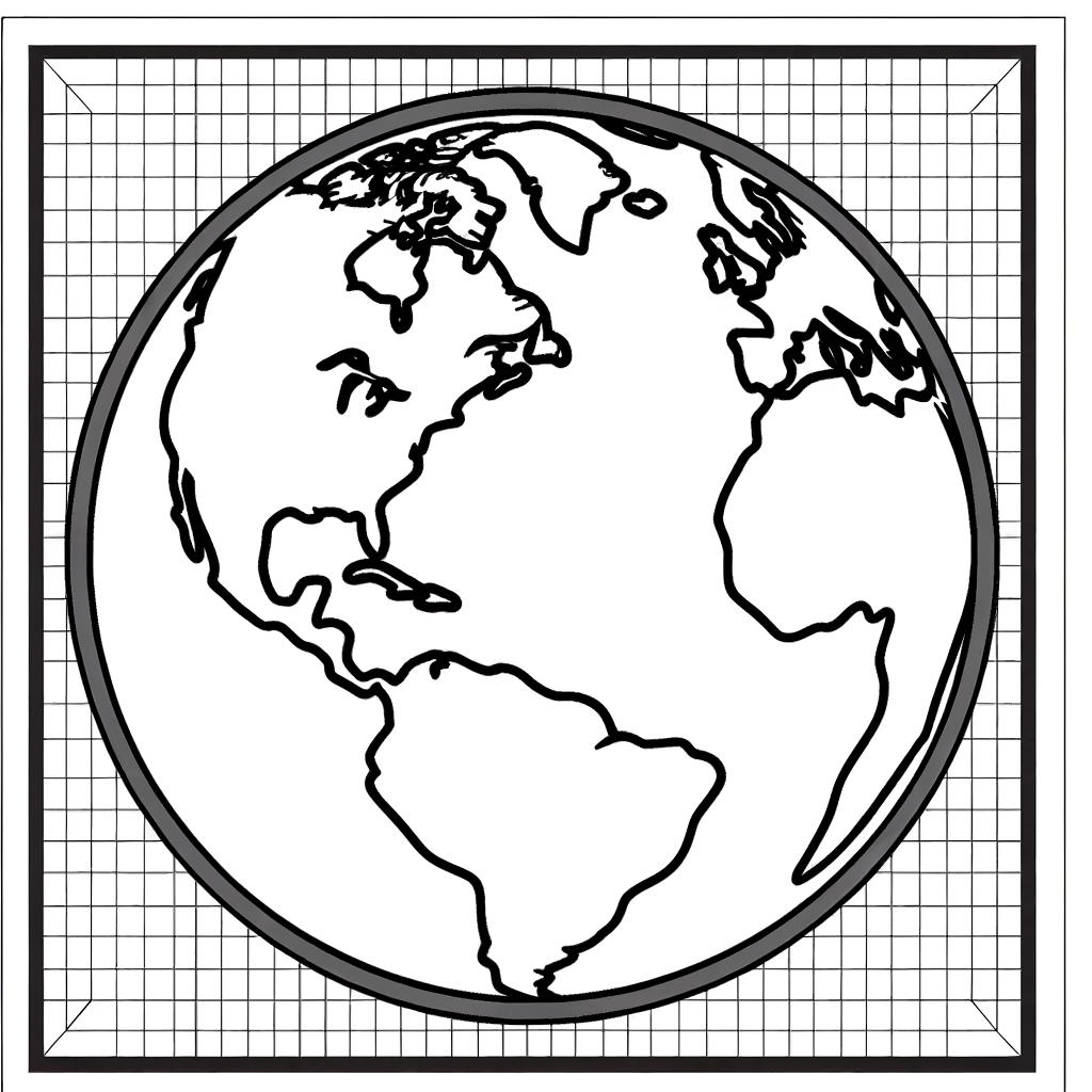 Planet Earth coloring page showing detailed outlines of all continents and oceans for educational coloring