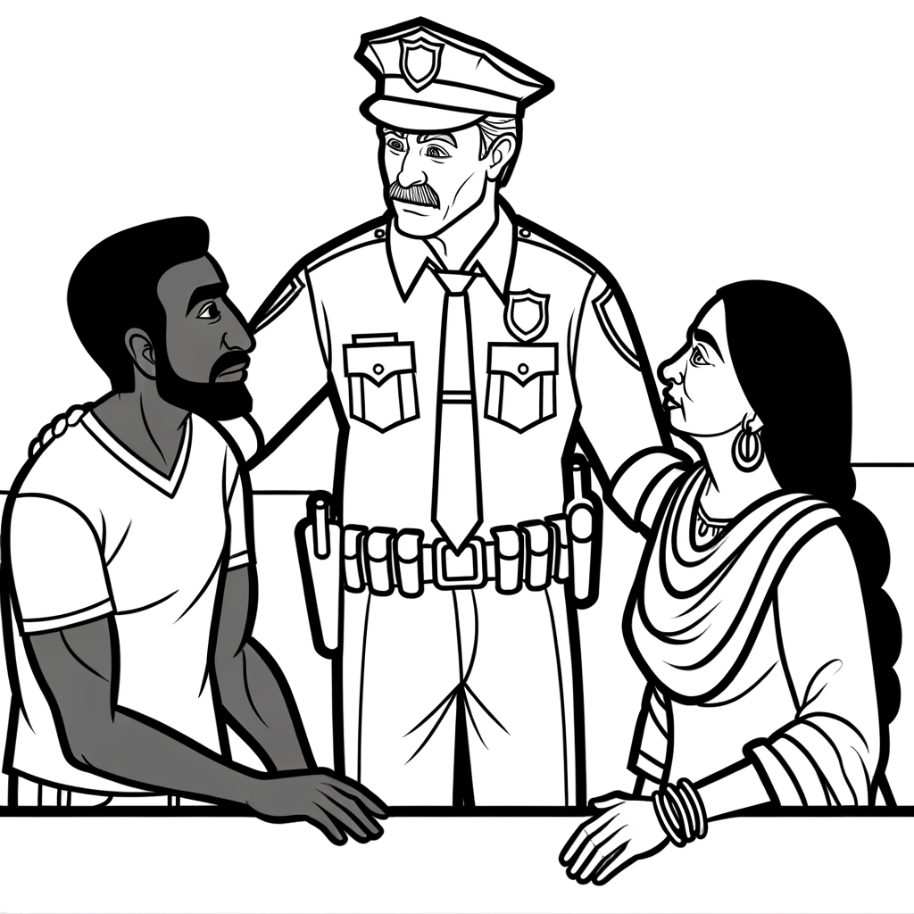 Police officer helping people coloring page for kids