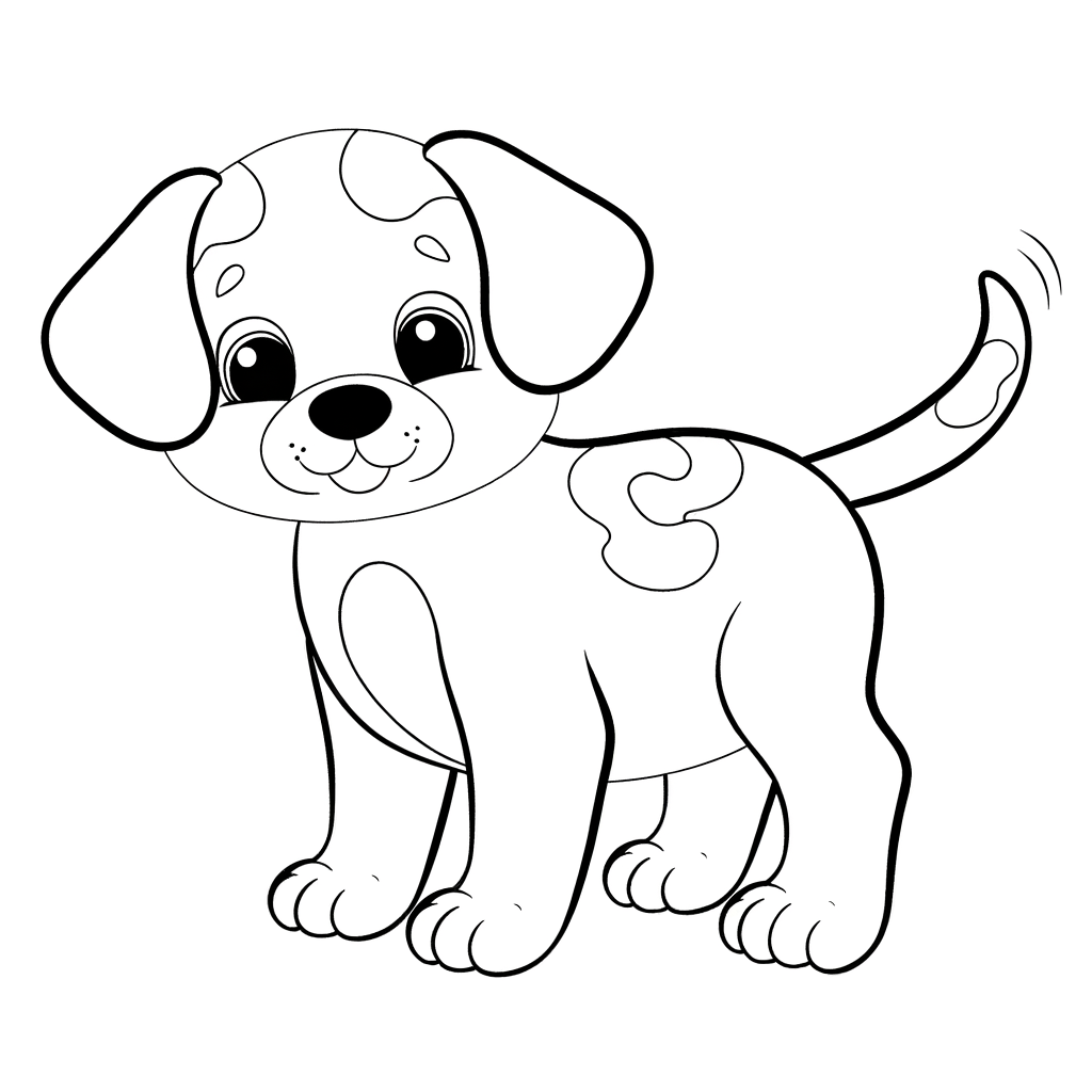 Coloring page of a puppy with floppy ears and a wagging tail