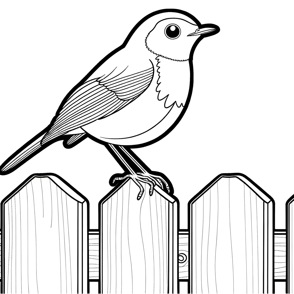 robin redbreast sitting on a garden fence coloring page