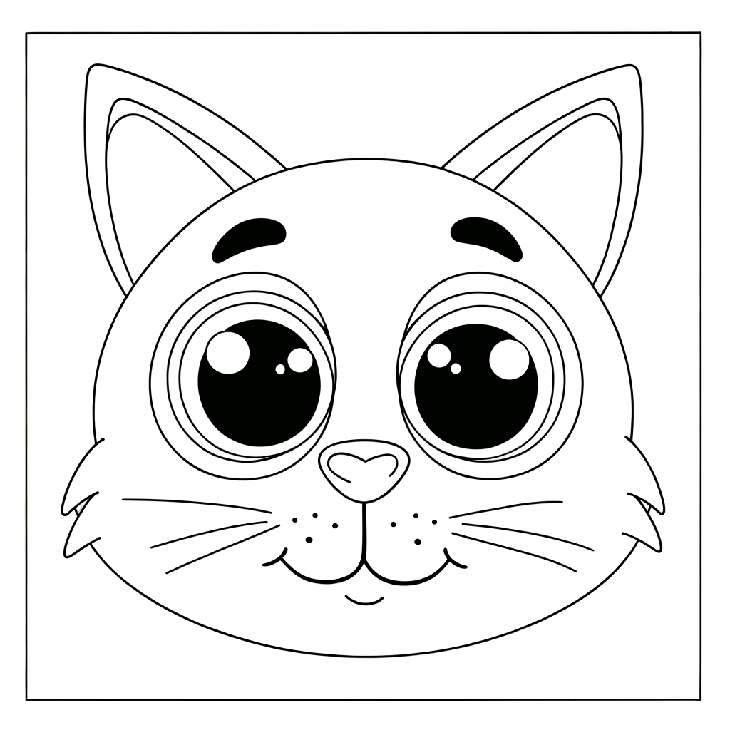 Geometric cat face coloring page made with circles, triangles and shapes for kids