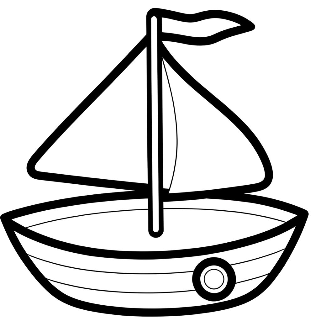 Geometric sailboat coloring page showing a boat made from triangular sails, rectangular hull, and circular elements