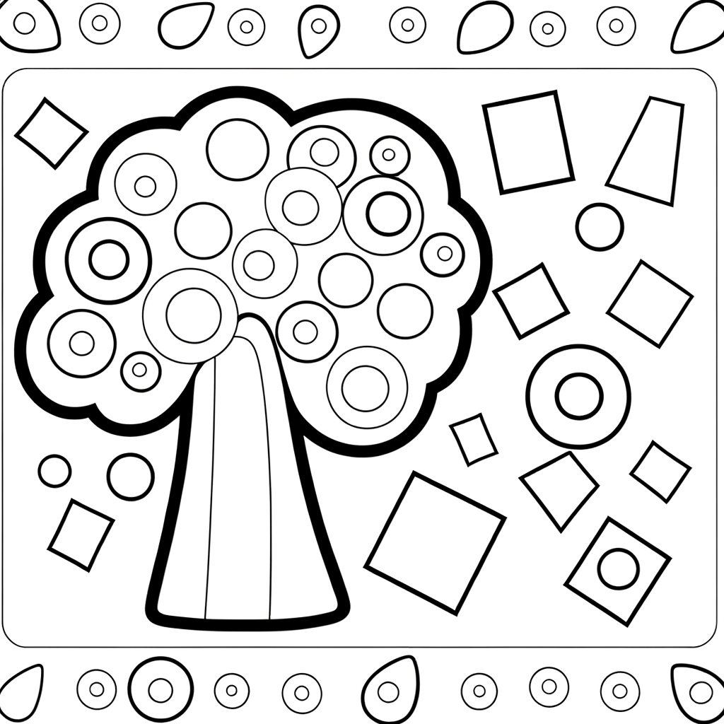 Geometric tree coloring page made from combined shapes including circles, triangles and rectangles