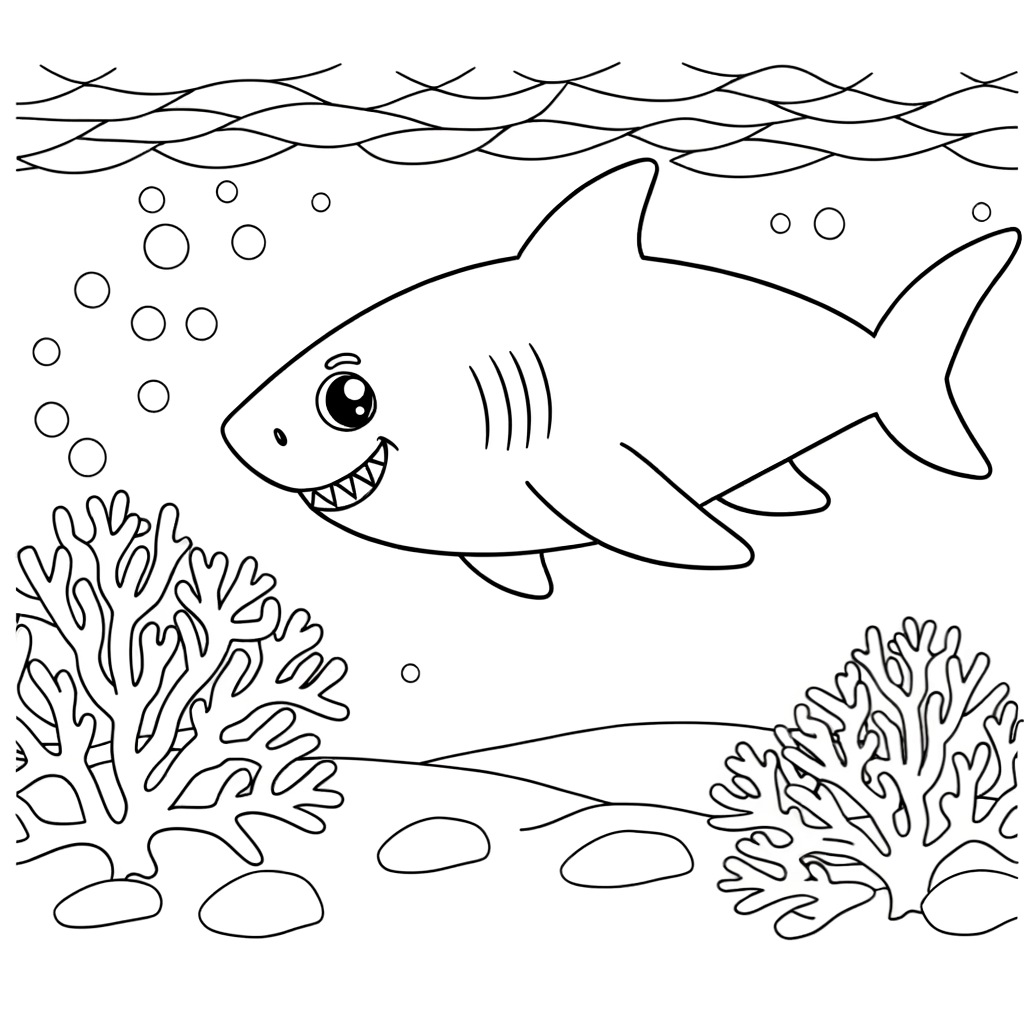Shark swimming through a colorful coral reef coloring page