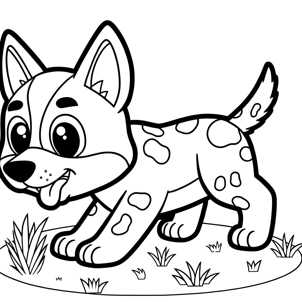 Simple black and white coloring page of a blue heeler puppy playing.