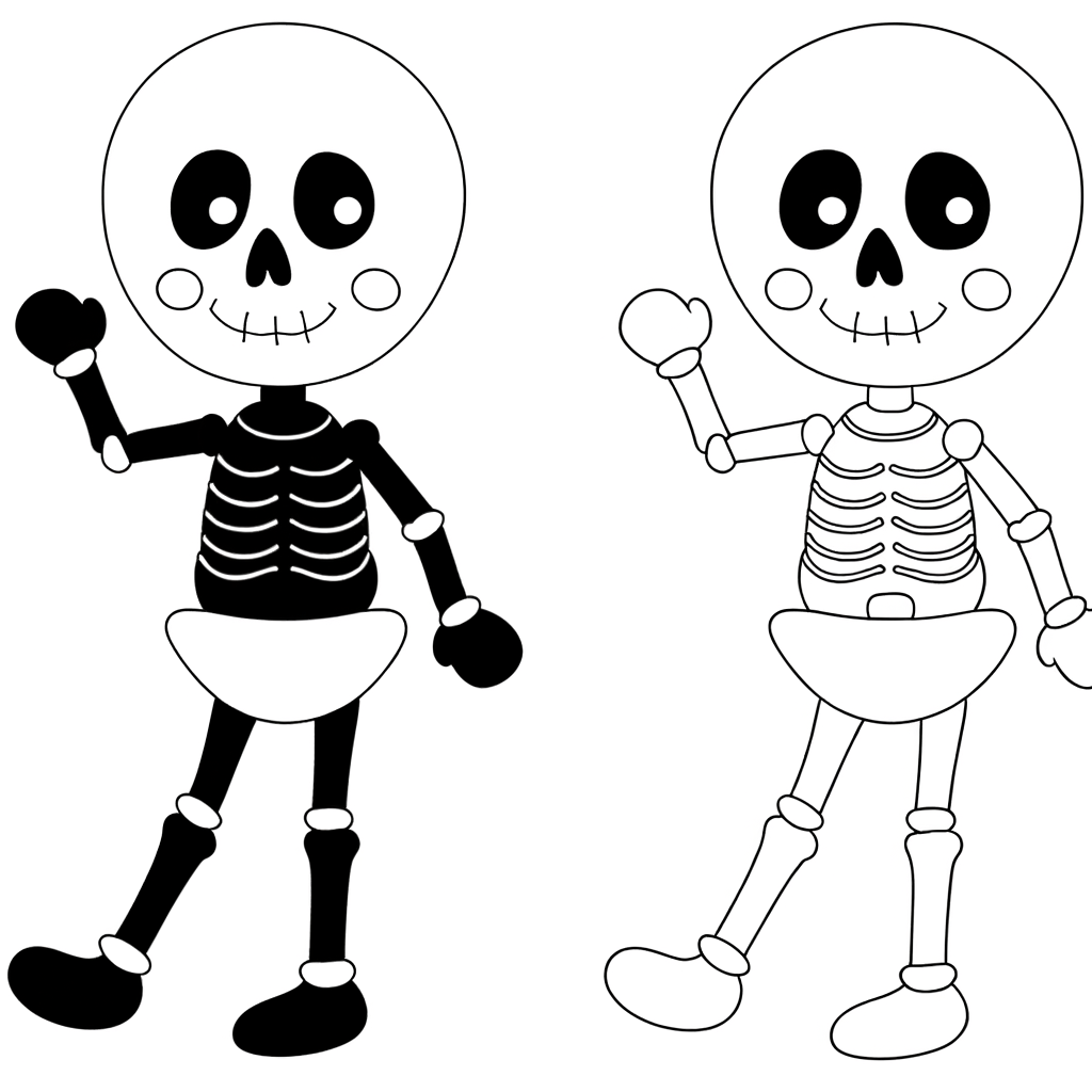Coloring page of a skeleton dancing