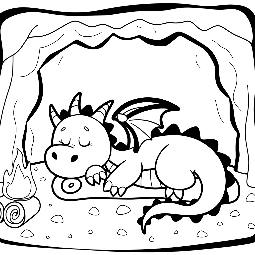 Sleeping dragon surrounded by rocks in a dark cave