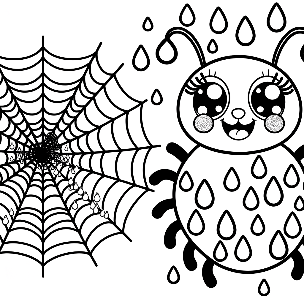 Spider spinning a web with dewdrops coloring page