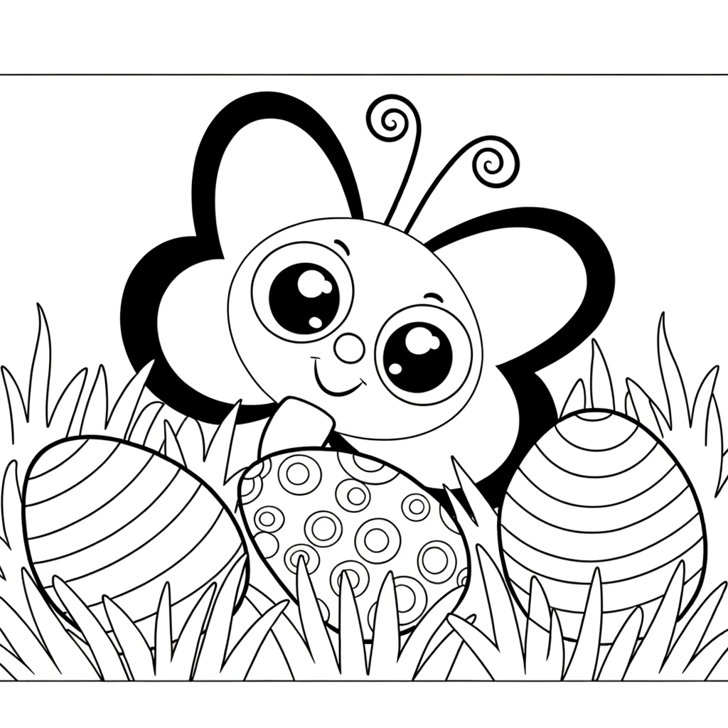 Coloring page showing spring butterflies flying around decorated Easter eggs
