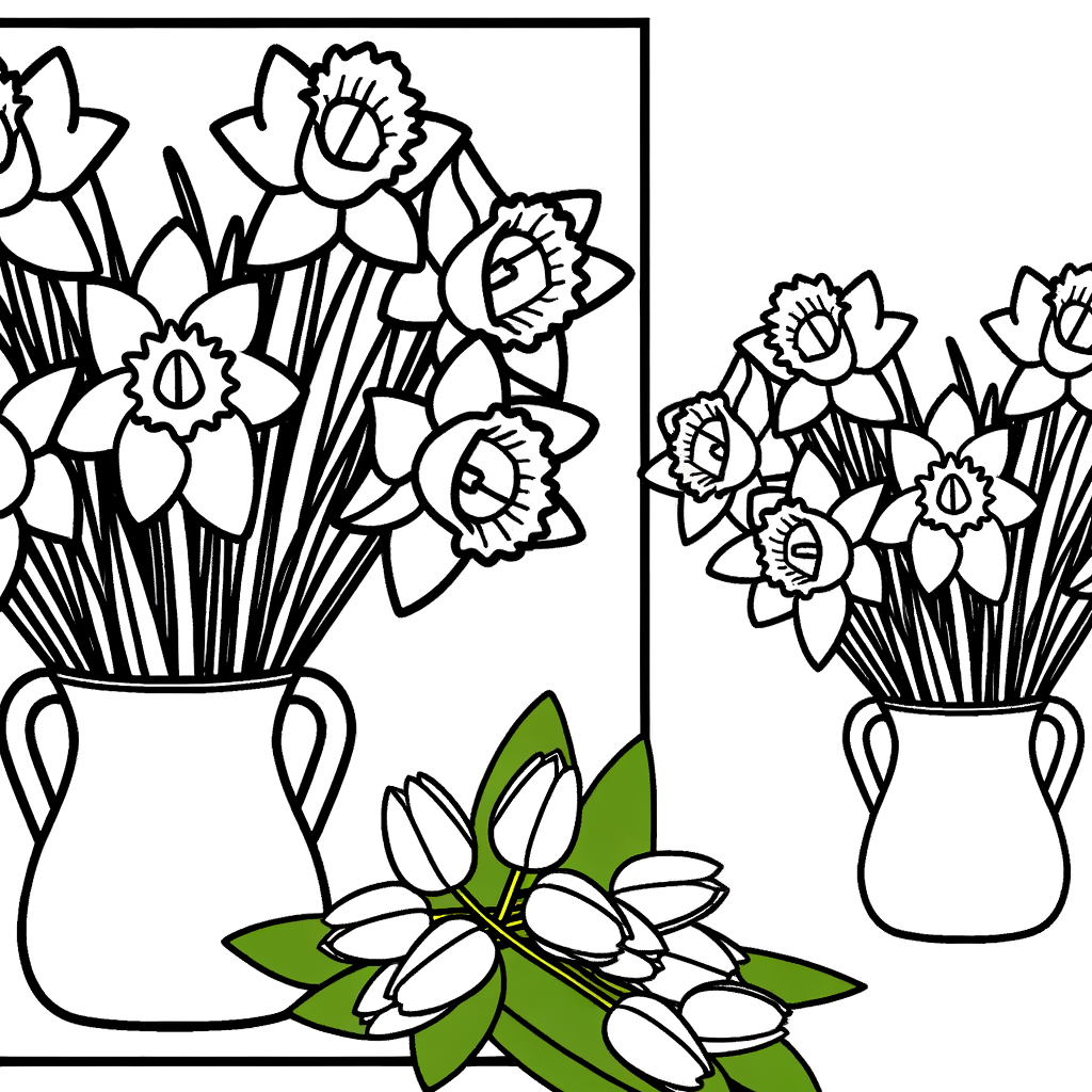 Coloring page showing spring daffodils and tulips arranged in a decorative vase