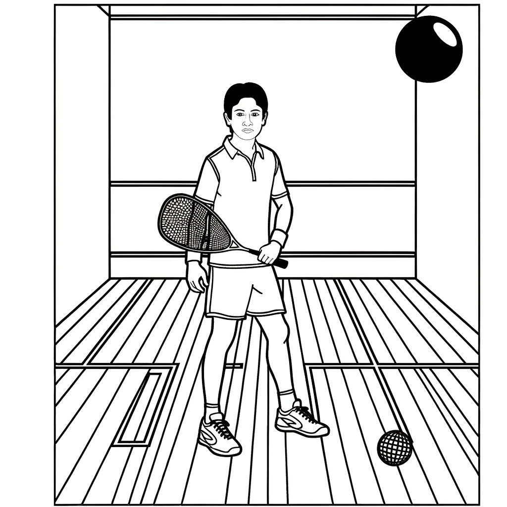 Squash player in a court corner ready to play