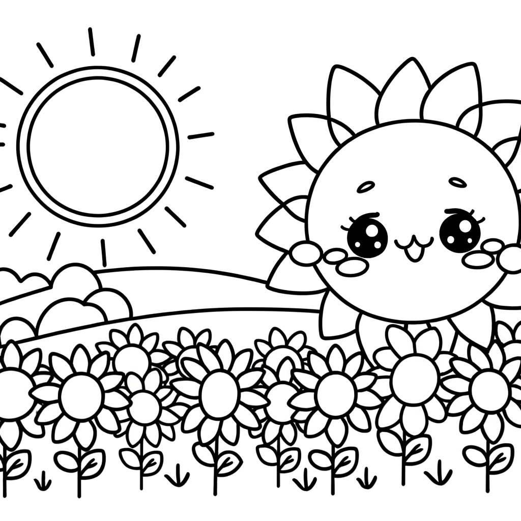 Coloring page depicting a sunflower field on a sunny day.