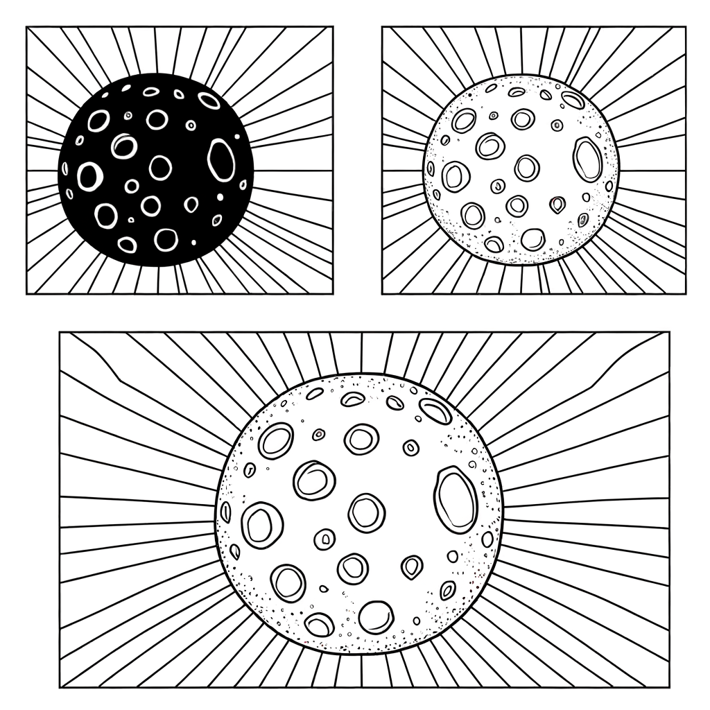 Detailed moon coloring page showing craters and maria for kids to color