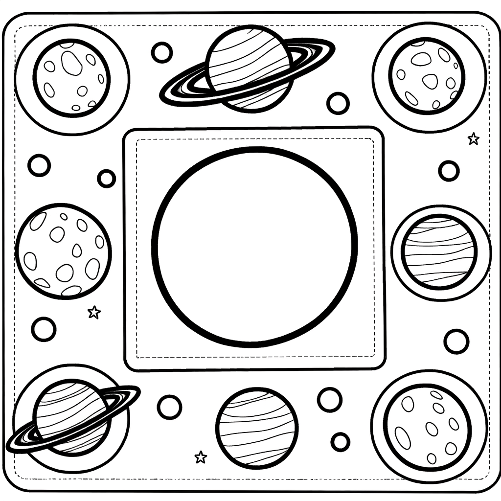 Coloring page of the solar system with all eight planets orbiting.