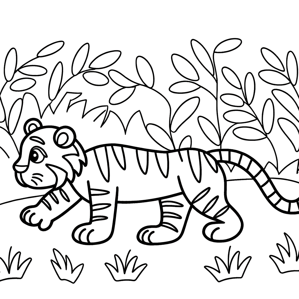 A tiger prowling through a jungle, amidst dense foliage.