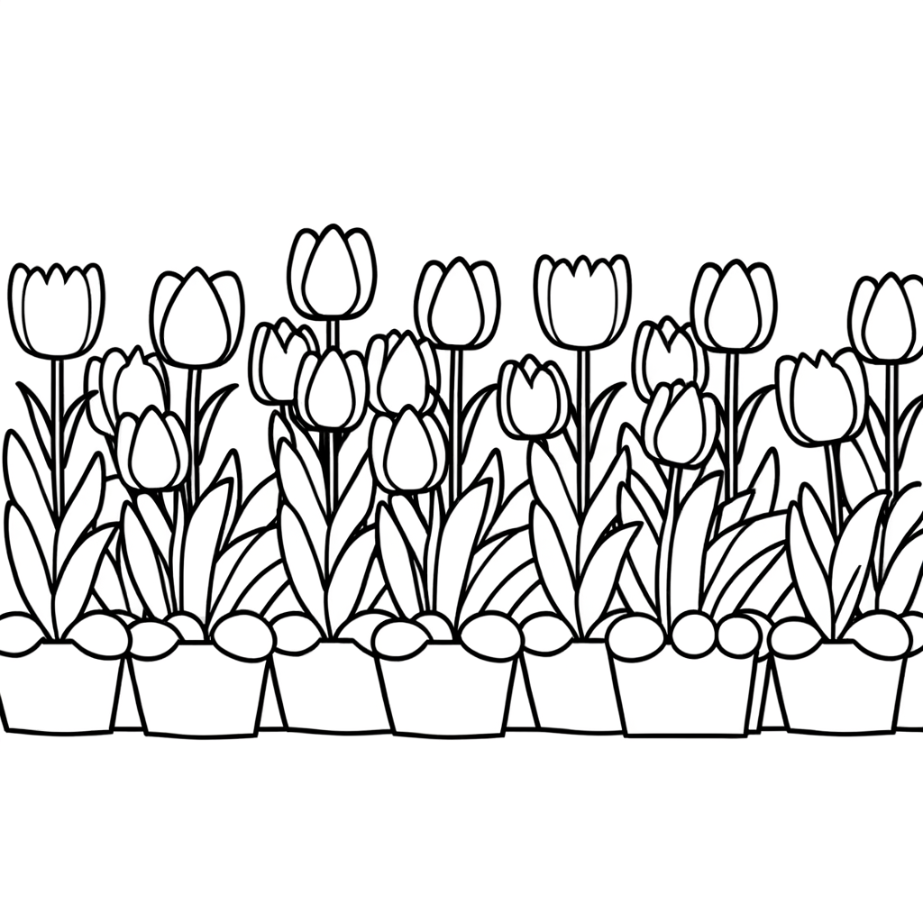 Colorful rows of tulips in a garden coloring page