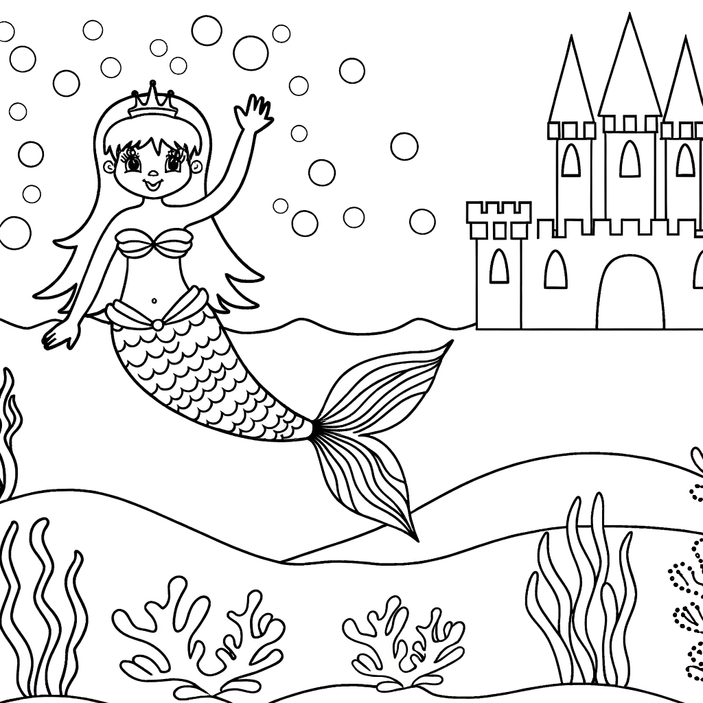 Underwater castle with a mermaid coloring page