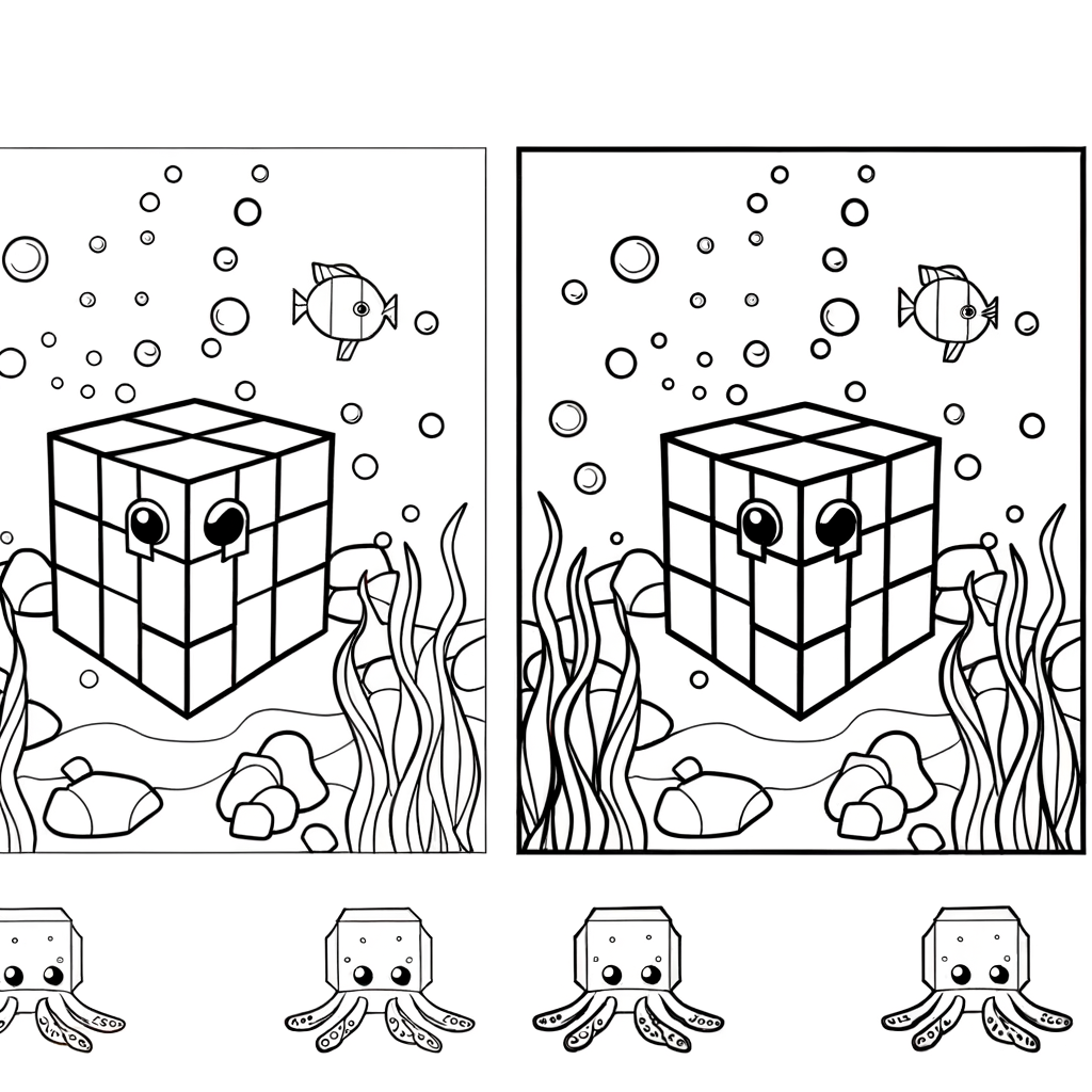 Coloring page featuring underwater cube world with blocky pixelated fish and squid swimming in geometric ocean scene
