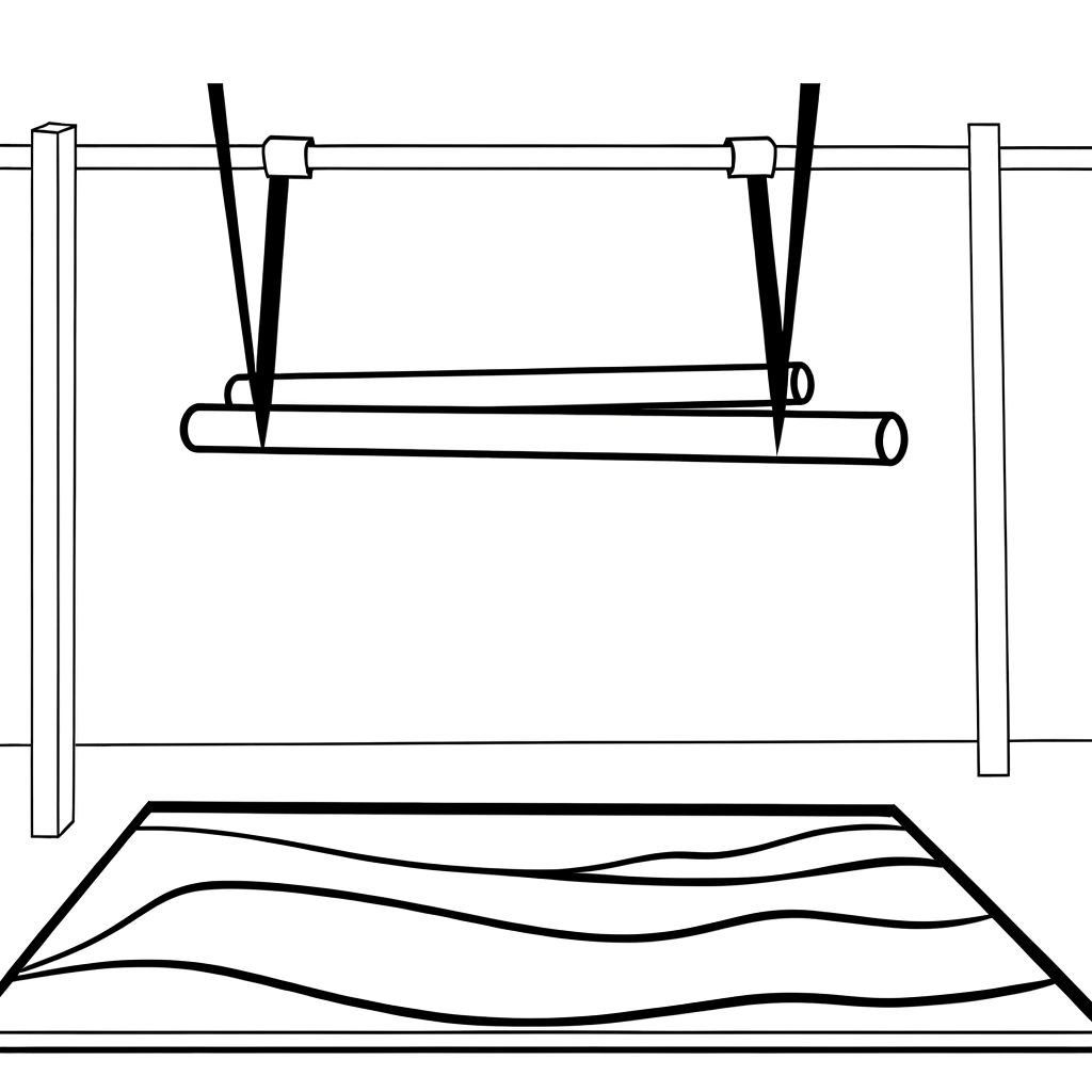 A coloring page of a gymnast swinging on uneven bars