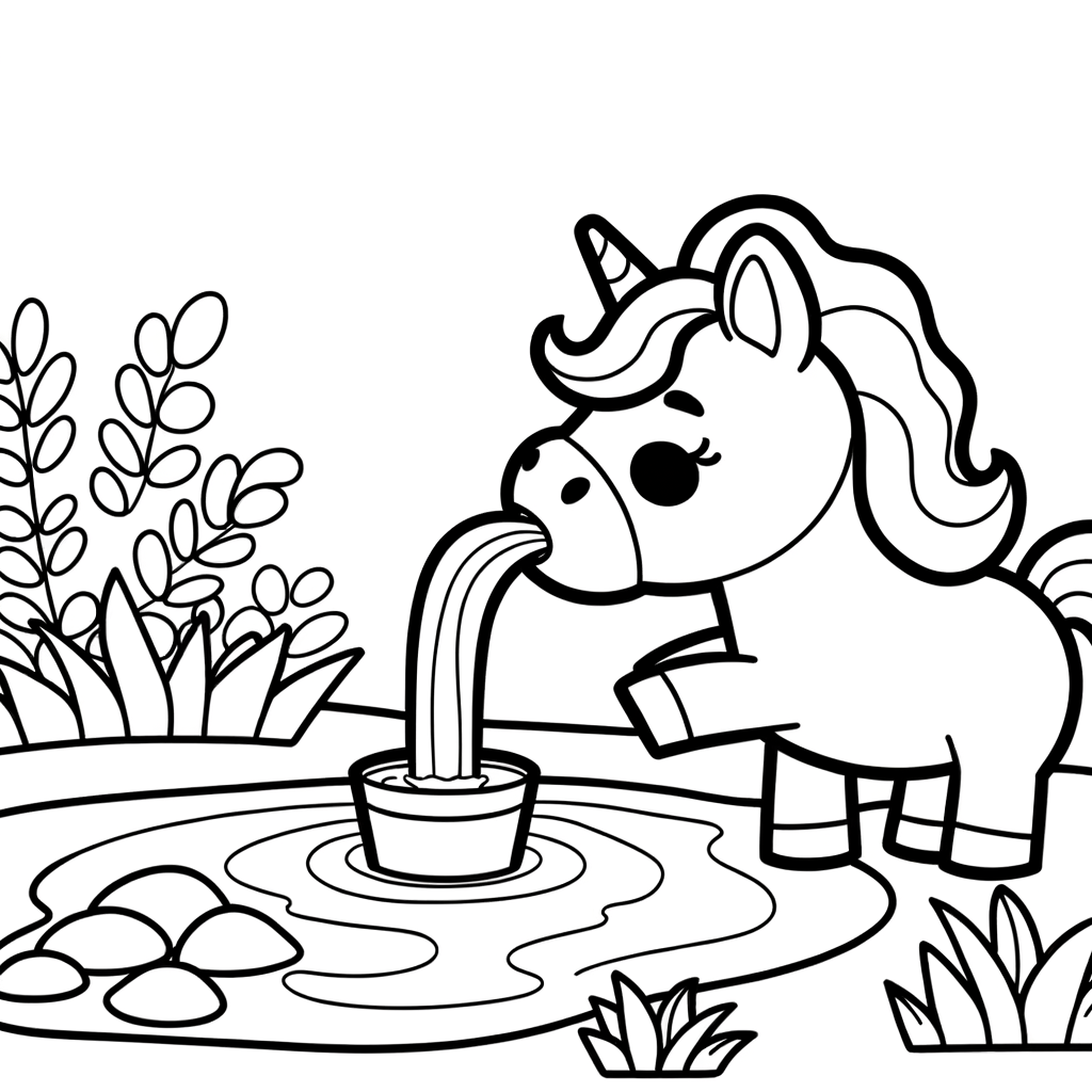 Unicorn drinking from a stream coloring page