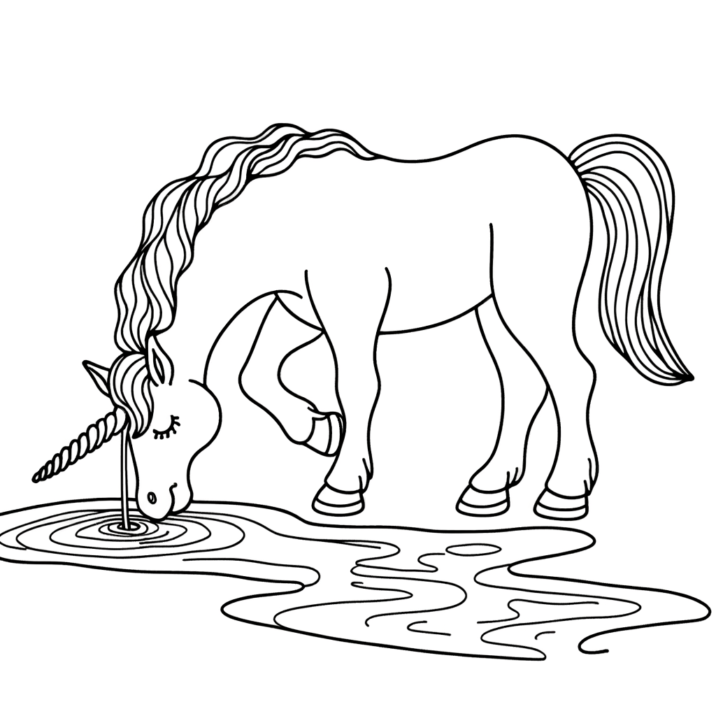 Unicorn drinking from a stream coloring page