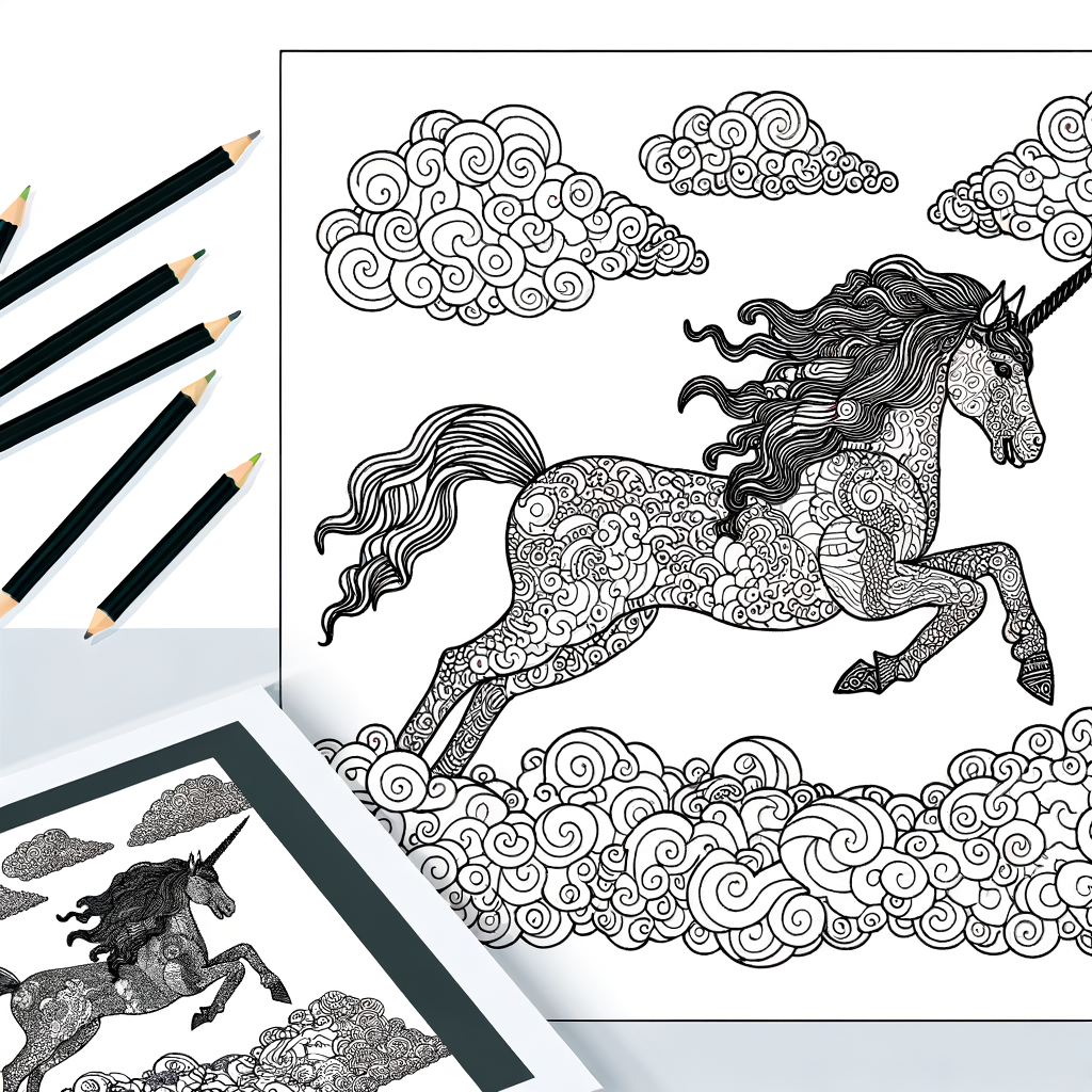 Unicorn galloping through clouds coloring page