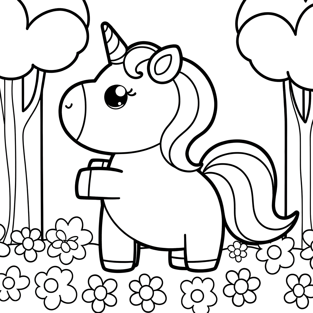 Coloring page of a unicorn in an enchanted forest