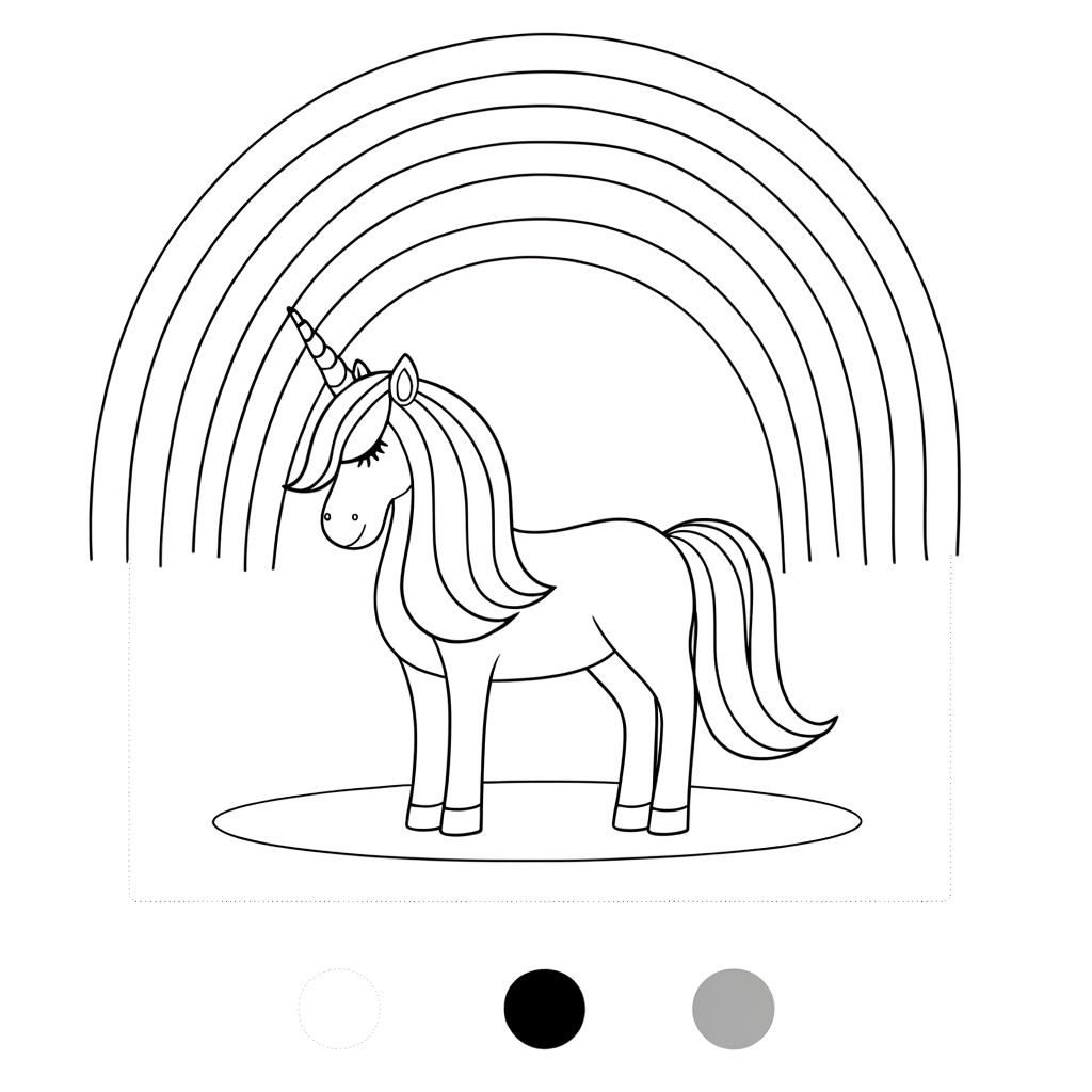 A unicorn standing under a rainbow arc coloring page