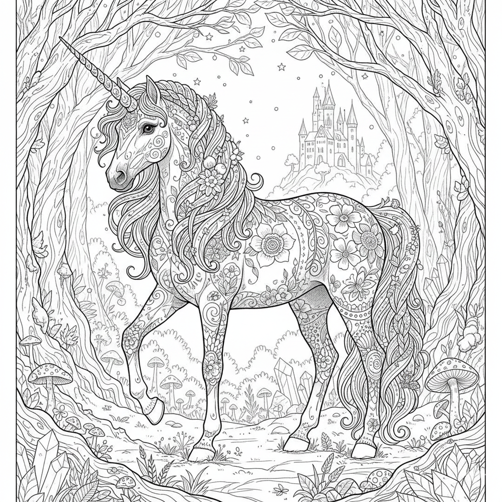 Ornate Celestial Unicorn coloring page