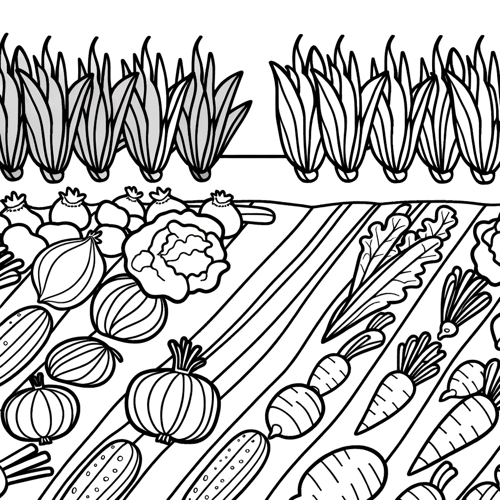 Coloring page featuring rows of vegetables in a garden