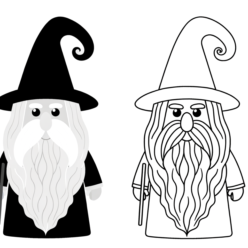 Wise wizard with long beard coloring page, magic theme