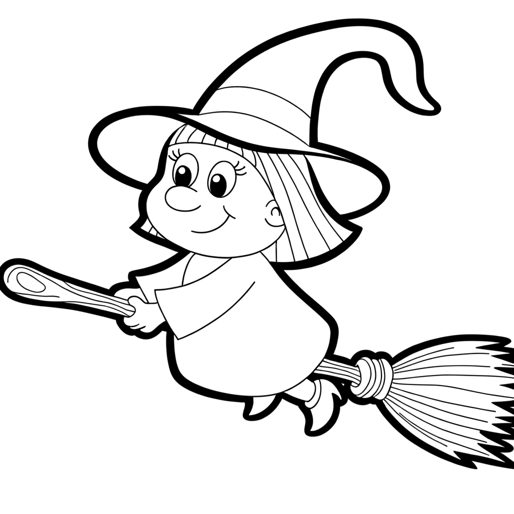 Coloring page of a witch flying on a broomstick