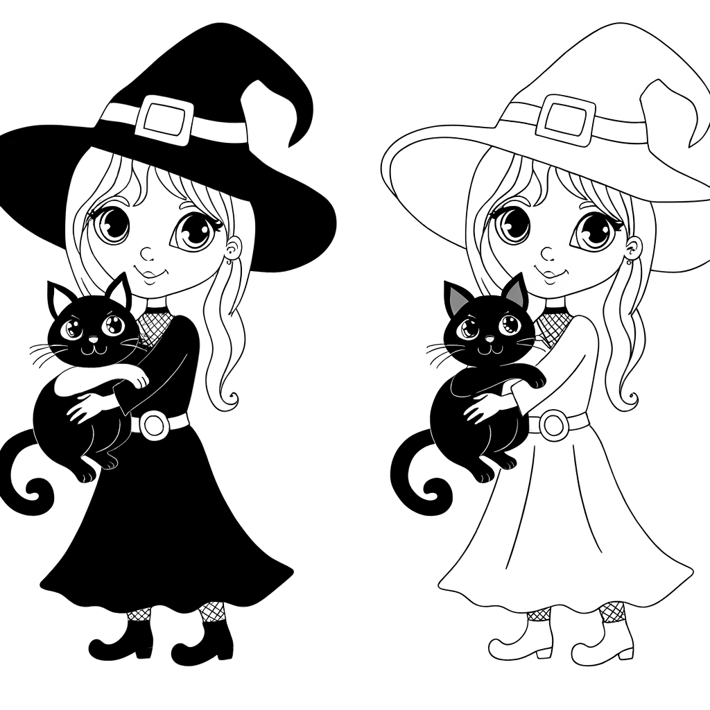 Coloring page featuring a witch with a black cat familiar.