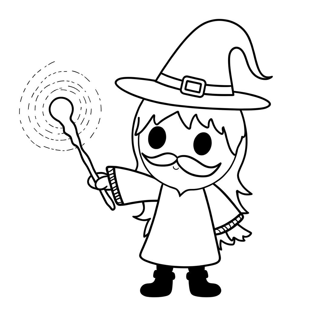 Wizard with a glowing magic wand coloring page