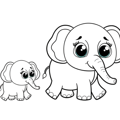Coloring page illustration of a baby elephant calf following behind its mother elephant