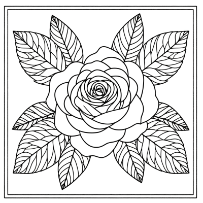 Detailed rose coloring page with ornate petals and leaves for printing