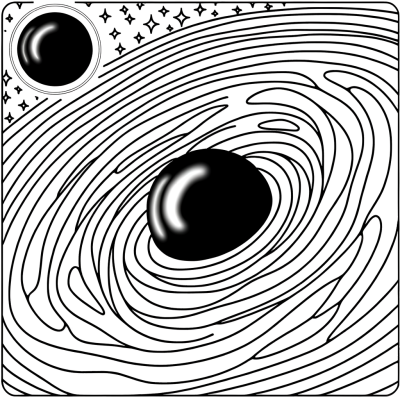 Black hole coloring page showing swirling matter and cosmic debris being pulled into space vortex