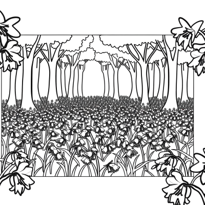 Coloring page showing a carpet of bluebell flowers covering a forest floor with trees in the background