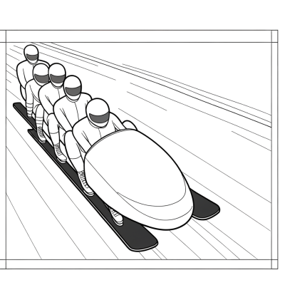 Coloring page showing a bobsled team of four athletes racing down an icy curved track