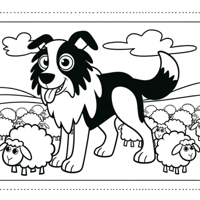 Border Collie dog herding sheep in a field coloring page