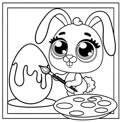 Coloring page of a cute bunny rabbit artist painting an Easter egg with a paintbrush