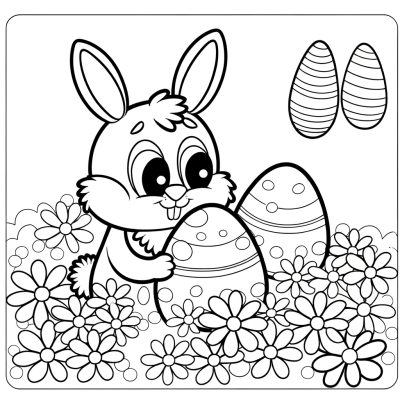 Coloring page illustration of a bunny hiding Easter eggs behind flowers