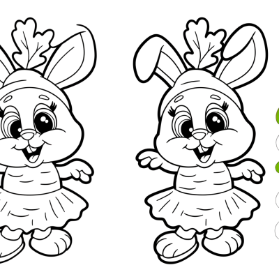 Coloring page outline drawing of a cute bunny rabbit wearing a carrot costume while dancing