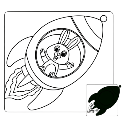Coloring page of a cute bunny rabbit sitting in a rocket ship flying through space for Easter
