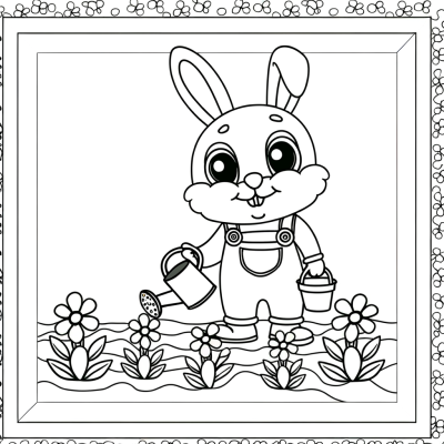 Coloring page of a cute bunny rabbit wearing overalls and gardening colorful flowers